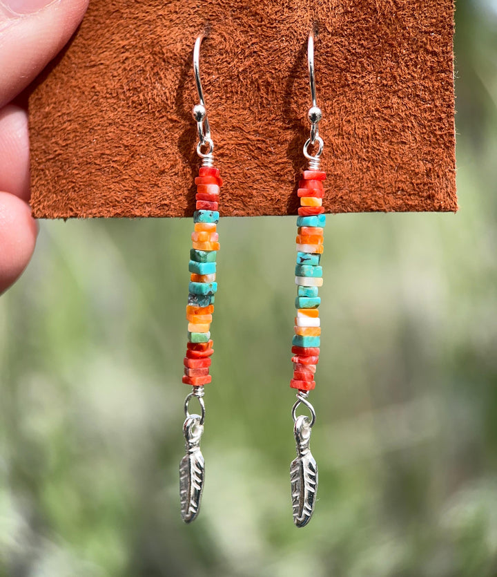 Spiny Oyster & Turquoise Earrings | Sterling Silver Feathers | Blue, Orange, Red Shell - SunlightSilver