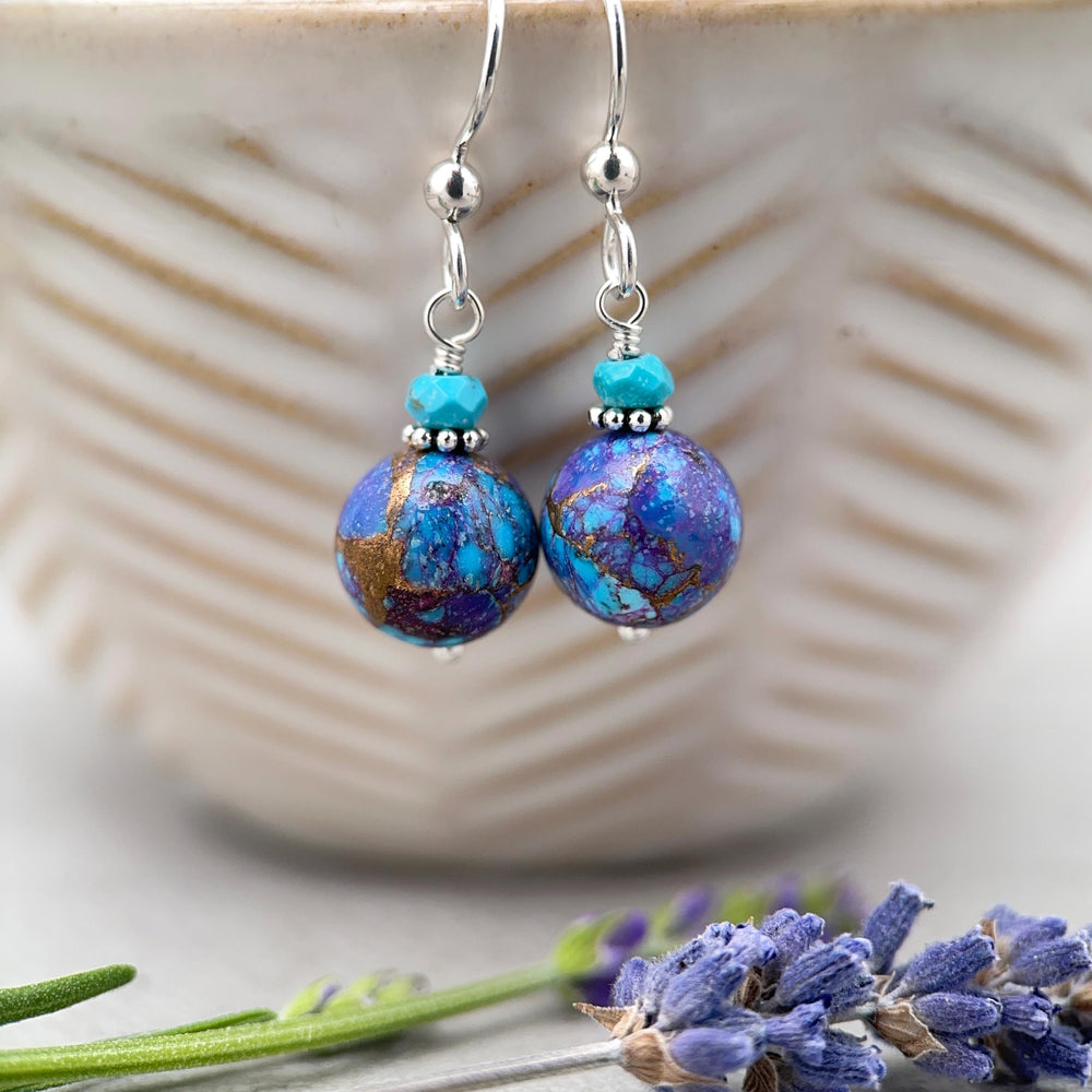 Kingman Mohave Turquoise Earrings | Sterling Silver | Purple Dahlia Spiny Oyster Shell Jewelry - SunlightSilver