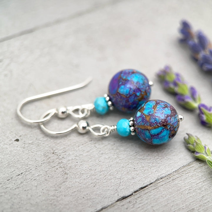 Kingman Mohave Turquoise Earrings | Sterling Silver | Purple Dahlia Spiny Oyster Shell Jewelry - SunlightSilver