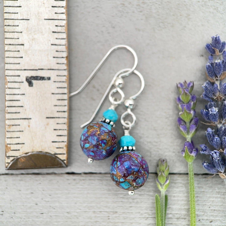 Kingman Mohave Turquoise Earrings | Sterling Silver | Purple Dahlia Spiny Oyster Shell Jewelry - SunlightSilver