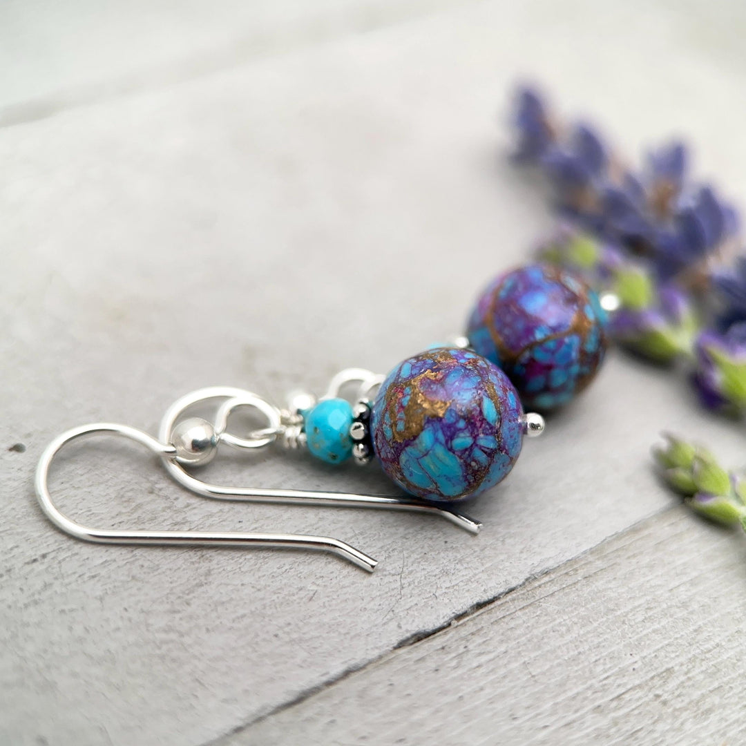 Kingman Mohave Turquoise Earrings | Sterling Silver | Purple Dahlia Spiny Oyster Shell Jewelry - SunlightSilver