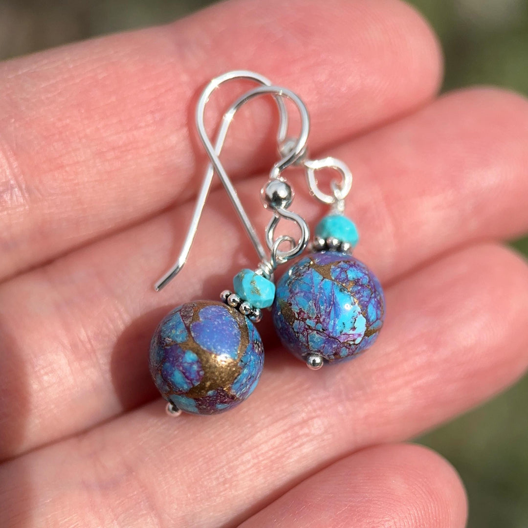 Kingman Mohave Turquoise Earrings | Sterling Silver | Purple Dahlia Spiny Oyster Shell Jewelry - SunlightSilver