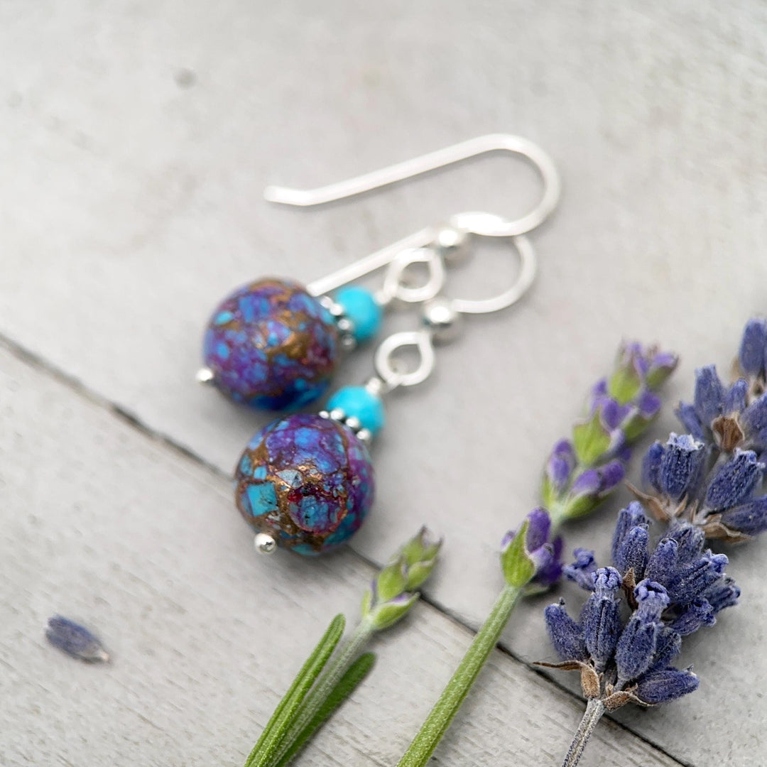 Kingman Mohave Turquoise Earrings | Sterling Silver | Purple Dahlia Spiny Oyster Shell Jewelry - SunlightSilver