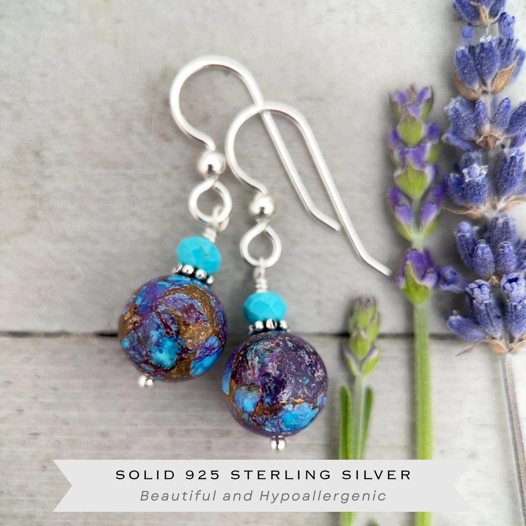 Kingman Mohave Turquoise Earrings | Sterling Silver | Purple Dahlia Spiny Oyster Shell Jewelry - SunlightSilver