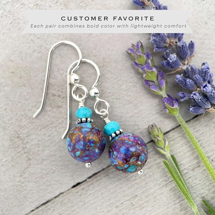 Kingman Mohave Turquoise Earrings | Sterling Silver | Purple Dahlia Spiny Oyster Shell Jewelry - SunlightSilver