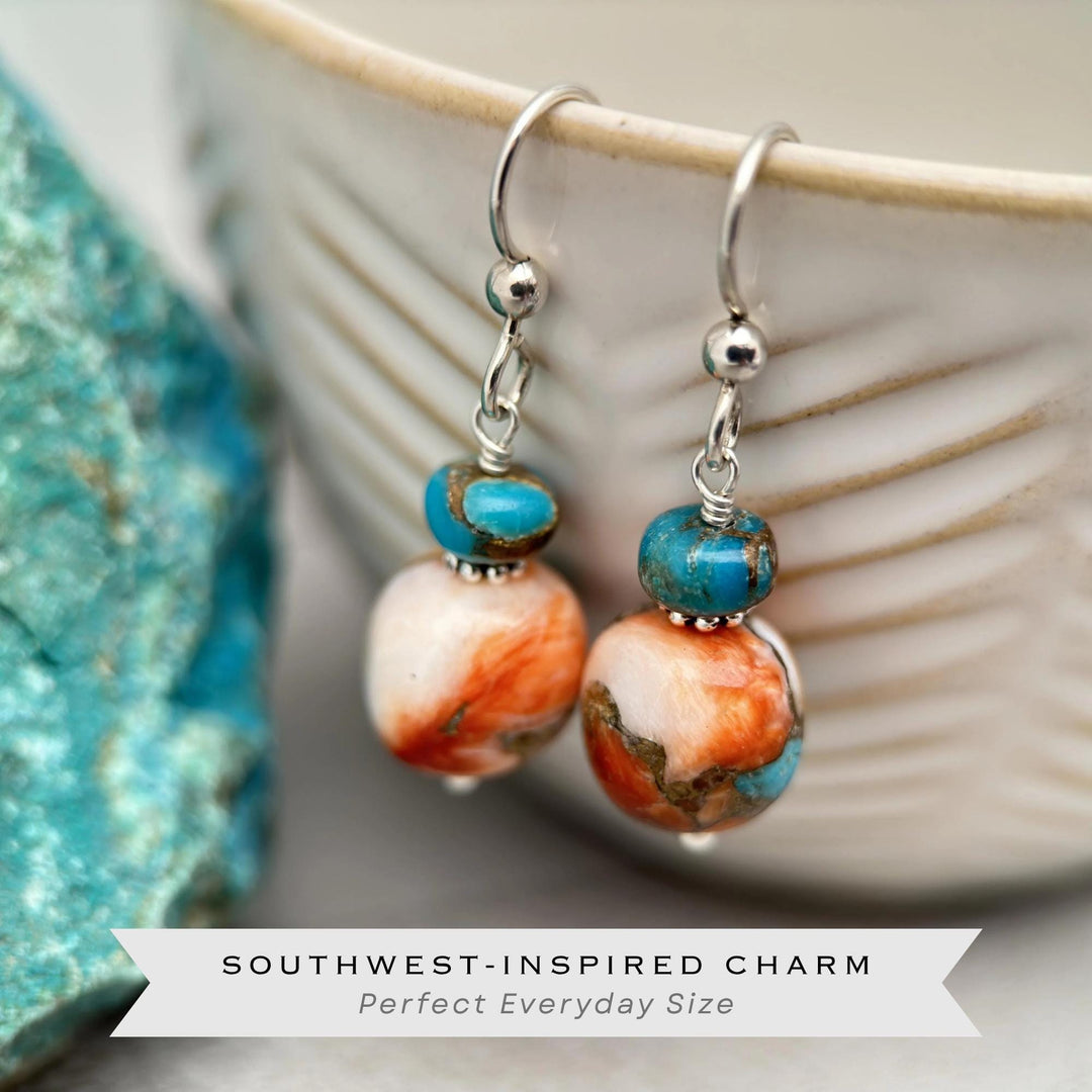 Spiny Oyster Shell, Kingman Turquoise and Sterling Silver Earrings - SunlightSilver
