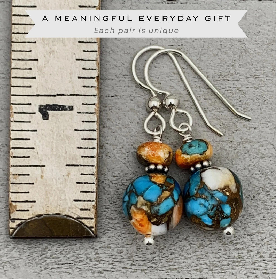 Spiny Oyster Shell, Kingman Turquoise and Sterling Silver Earrings - SunlightSilver
