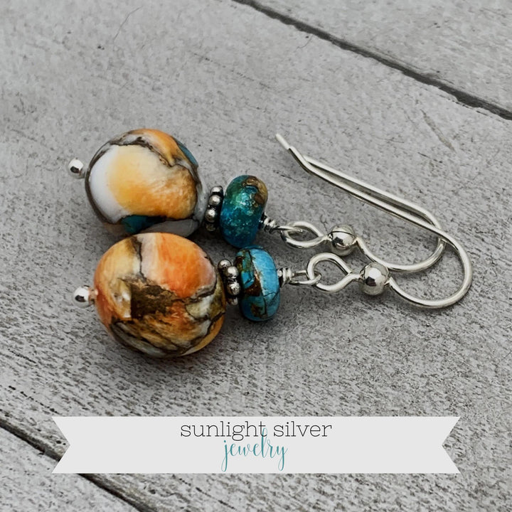 Spiny Oyster Shell, Kingman Turquoise and Sterling Silver Earrings - SunlightSilver