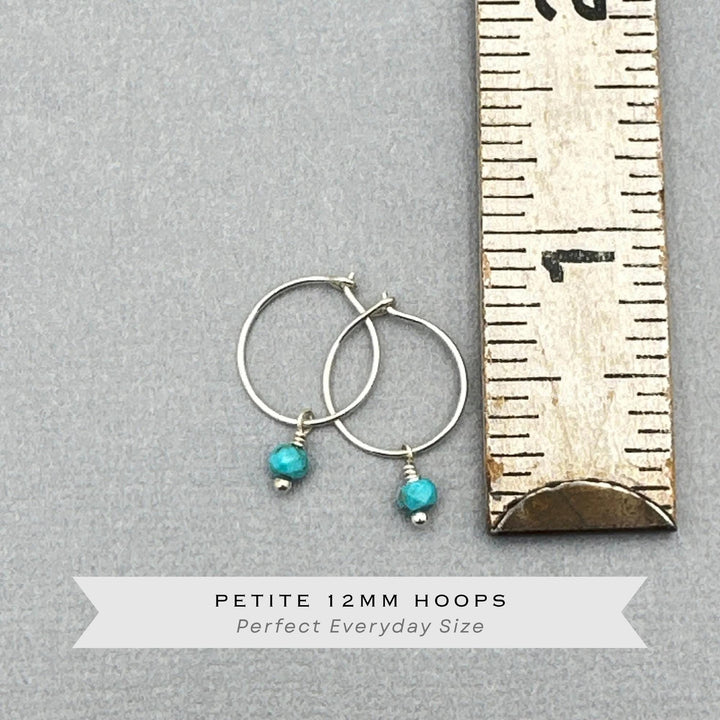 Blue Turquoise Earrings | Sterling Silver, Rose or Gold Hoops | Minimalist Huggies, December Birthstone - SunlightSilver