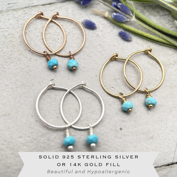 Blue Turquoise Earrings | Sterling Silver, Rose or Gold Hoops | Minimalist Huggies, December Birthstone - SunlightSilver