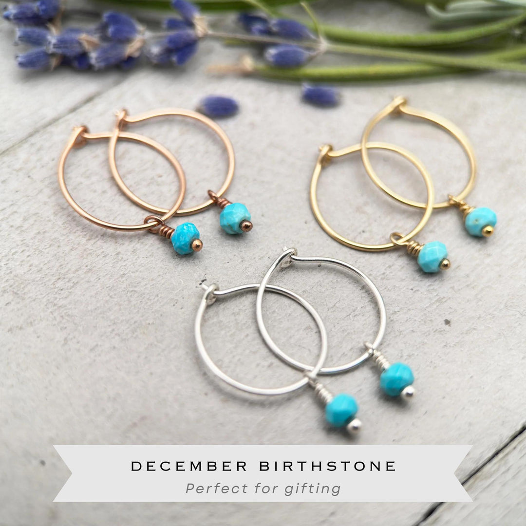 Blue Turquoise Earrings | Sterling Silver, Rose or Gold Hoops | Minimalist Huggies, December Birthstone - SunlightSilver