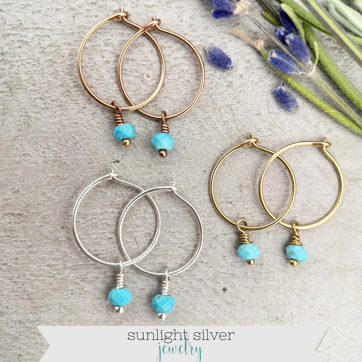 Blue Turquoise Earrings | Sterling Silver, Rose or Gold Hoops | Minimalist Huggies, December Birthstone - SunlightSilver