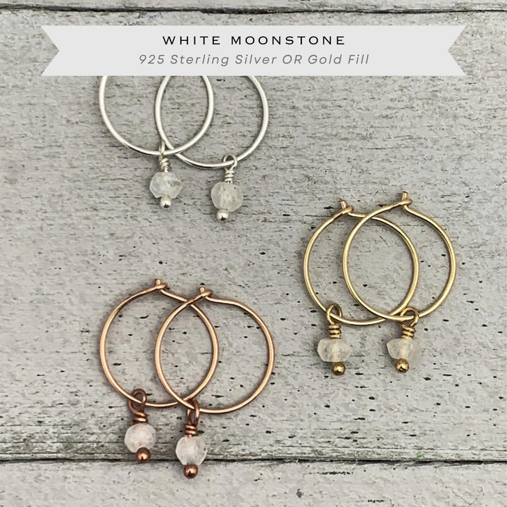 Moonstone Earrings - Minimalist Huggies Charm Hoops - Sterling Silver, Gold or Rose Gold - SunlightSilver