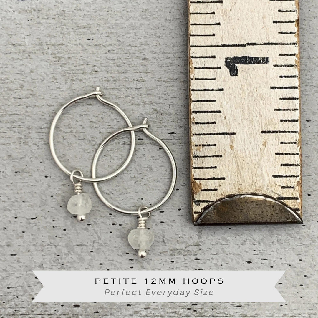 Moonstone Earrings - Minimalist Huggies Charm Hoops - Sterling Silver, Gold or Rose Gold - SunlightSilver