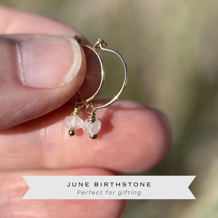 Moonstone Earrings - Minimalist Huggies Charm Hoops - Sterling Silver, Gold or Rose Gold - SunlightSilver