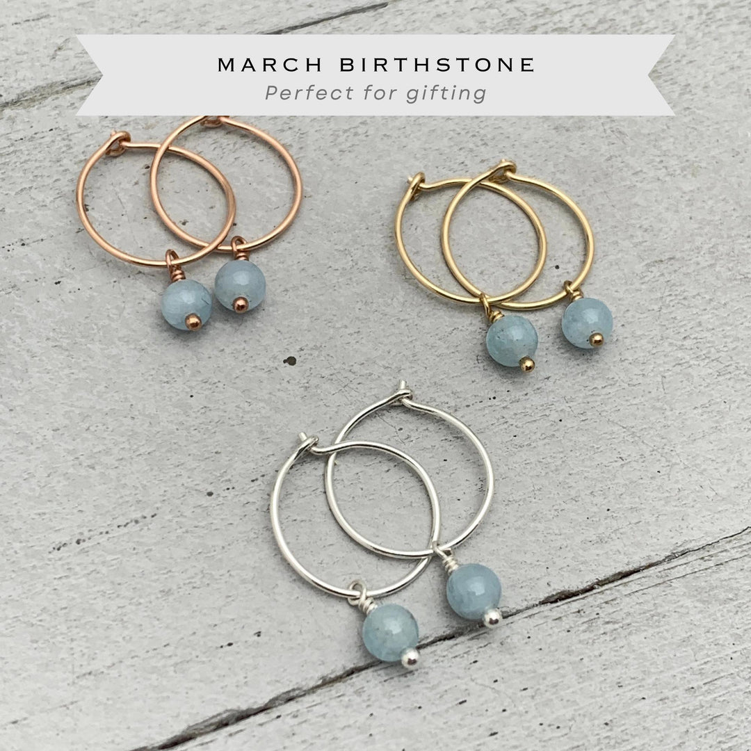 Blue Aquamarine Hoop Earrings | Sterling Silver, Yellow or Rose Gold | March Birthstone - SunlightSilver
