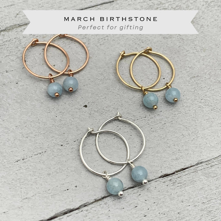 Blue Aquamarine Hoop Earrings | Sterling Silver, Yellow or Rose Gold | March Birthstone - SunlightSilver