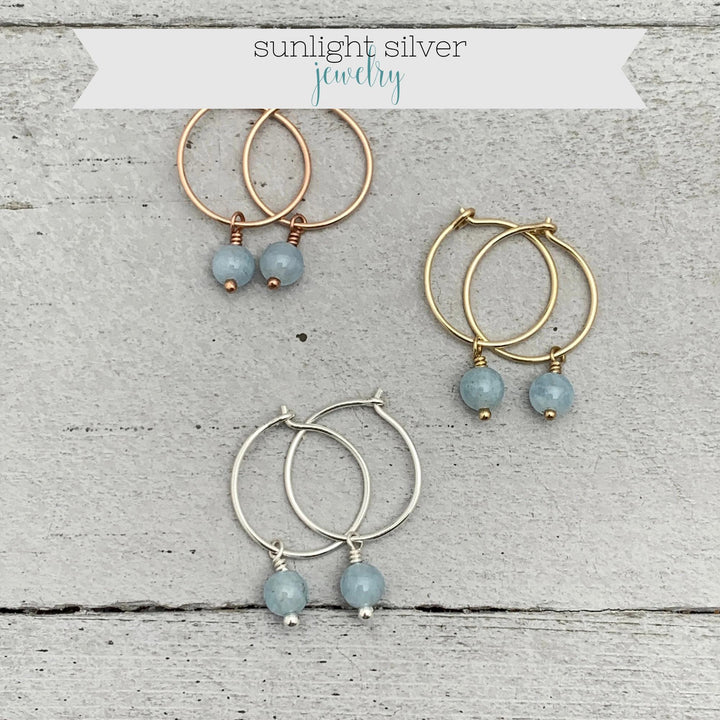 Blue Aquamarine Hoop Earrings | Sterling Silver, Yellow or Rose Gold | March Birthstone - SunlightSilver