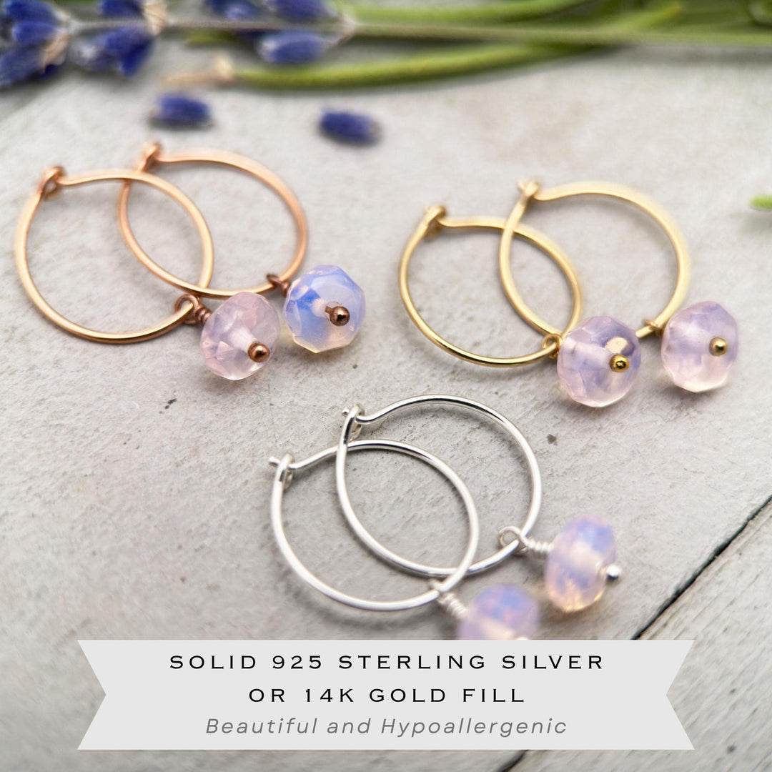 Pink Opalite Earrings - Sterling Silver, 14k Yellow or Rose Gold - Dainty Minimalist Hoops - SunlightSilver