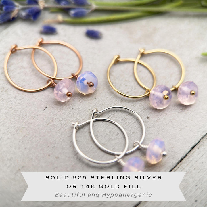 Pink Opalite Earrings - Sterling Silver, 14k Yellow or Rose Gold - Dainty Minimalist Hoops - SunlightSilver