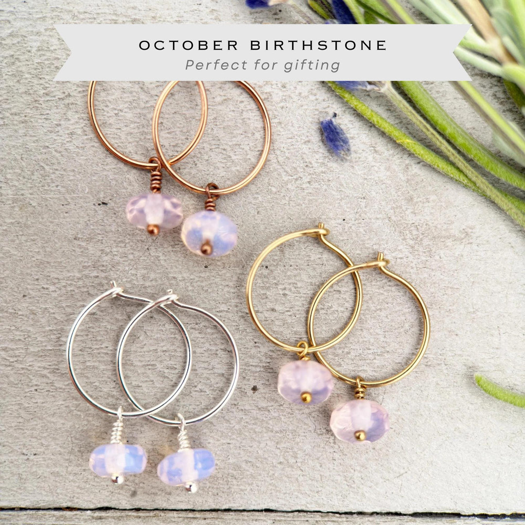 Pink Opalite Earrings - Sterling Silver, 14k Yellow or Rose Gold - Dainty Minimalist Hoops - SunlightSilver