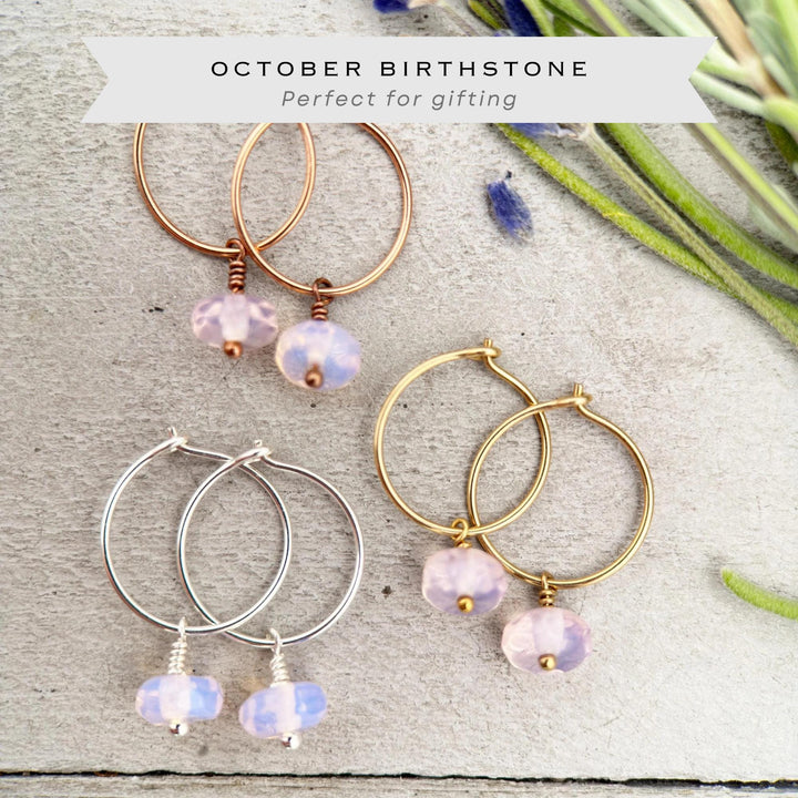 Pink Opalite Earrings - Sterling Silver, 14k Yellow or Rose Gold - Dainty Minimalist Hoops - SunlightSilver