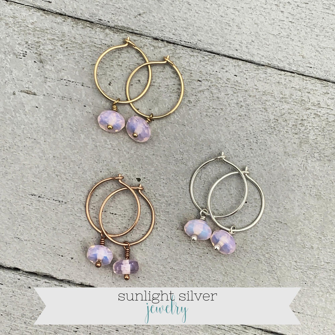Pink Opalite Earrings - Sterling Silver, 14k Yellow or Rose Gold - Dainty Minimalist Hoops - SunlightSilver