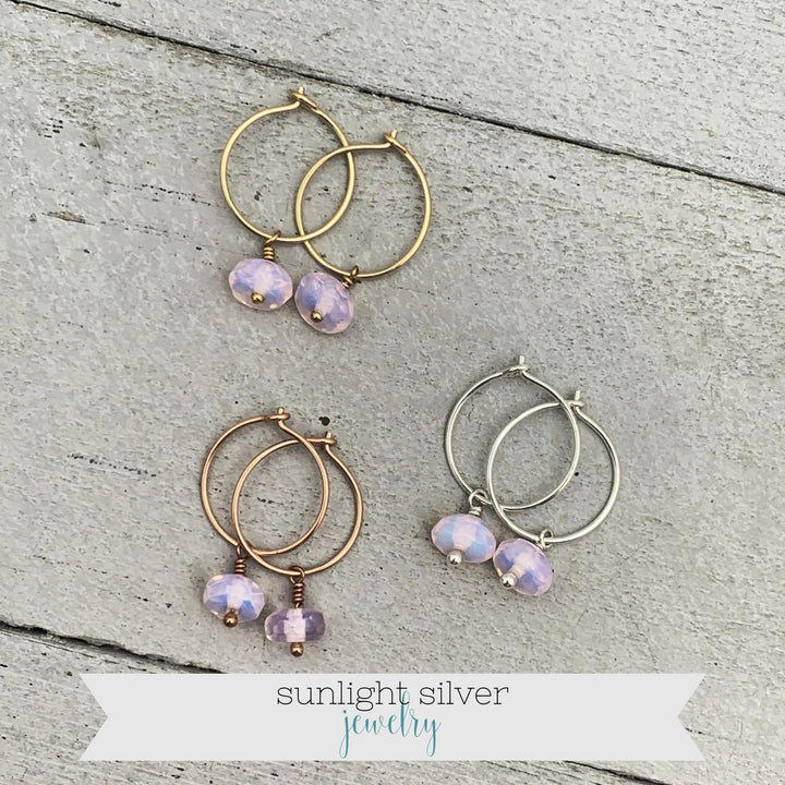 Pink Opalite Earrings - Sterling Silver, 14k Yellow or Rose Gold - Dainty Minimalist Hoops - SunlightSilver