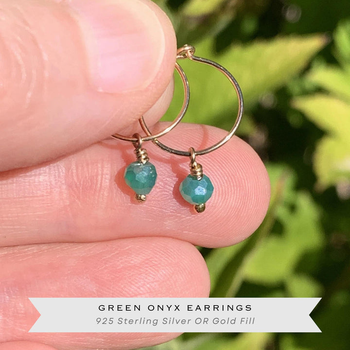 Green Onyx Hoop Earrings | May Birthstone Gemstone Charms - Sterling Silver, Rose, Gold - SunlightSilver