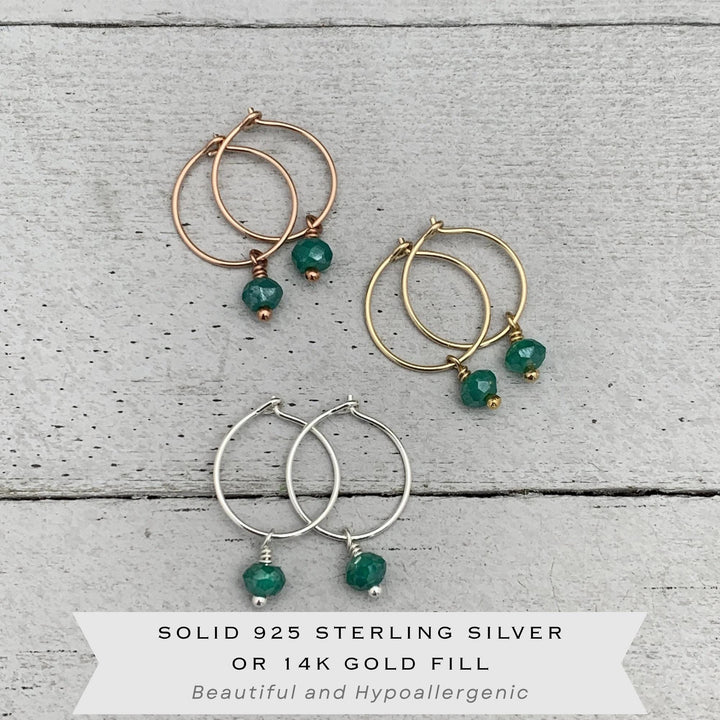Green Onyx Hoop Earrings | May Birthstone Gemstone Charms - Sterling Silver, Rose, Gold - SunlightSilver