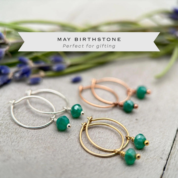 Green Onyx Hoop Earrings | May Birthstone Gemstone Charms - Sterling Silver, Rose, Gold - SunlightSilver