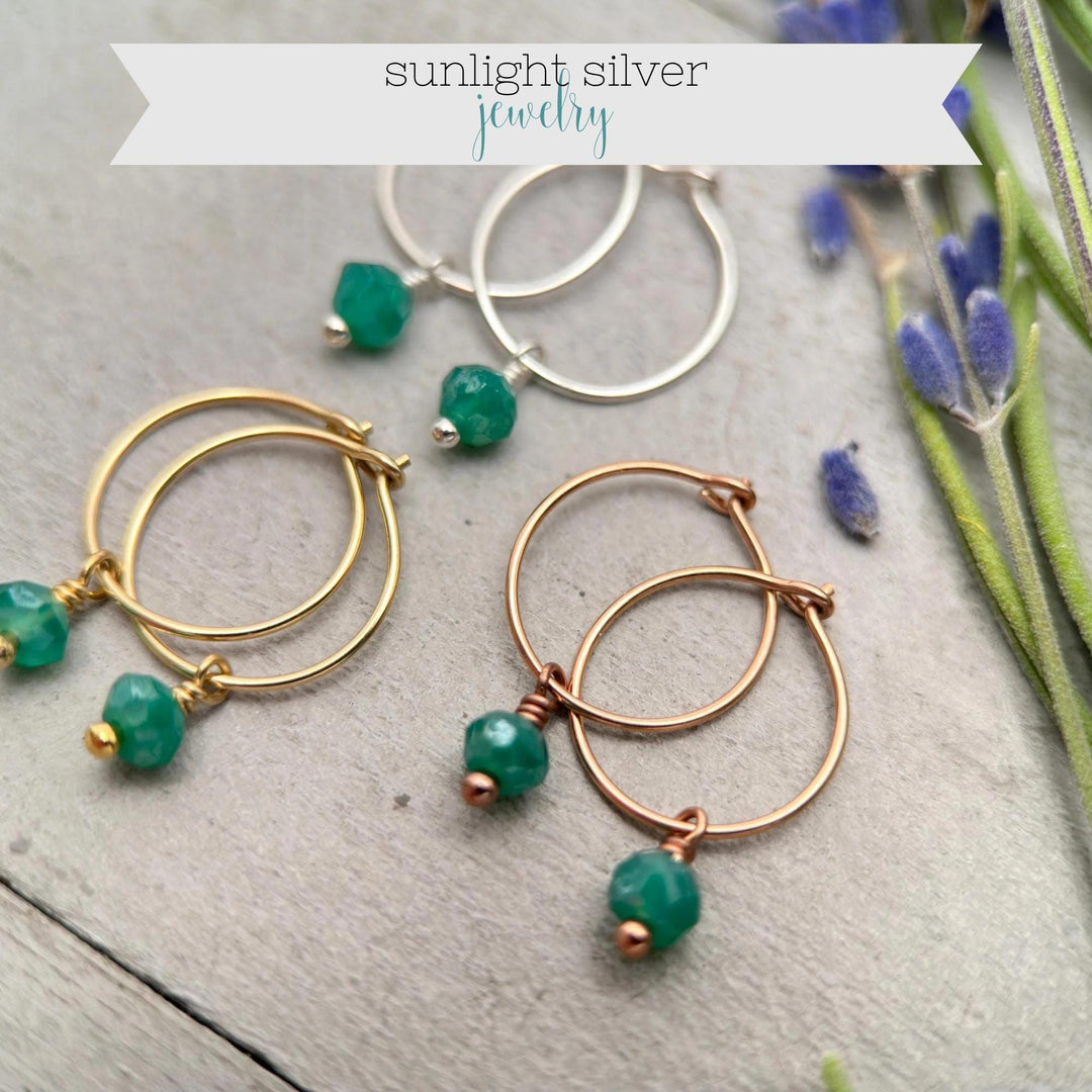 Green Onyx Hoop Earrings | May Birthstone Gemstone Charms - Sterling Silver, Rose, Gold - SunlightSilver