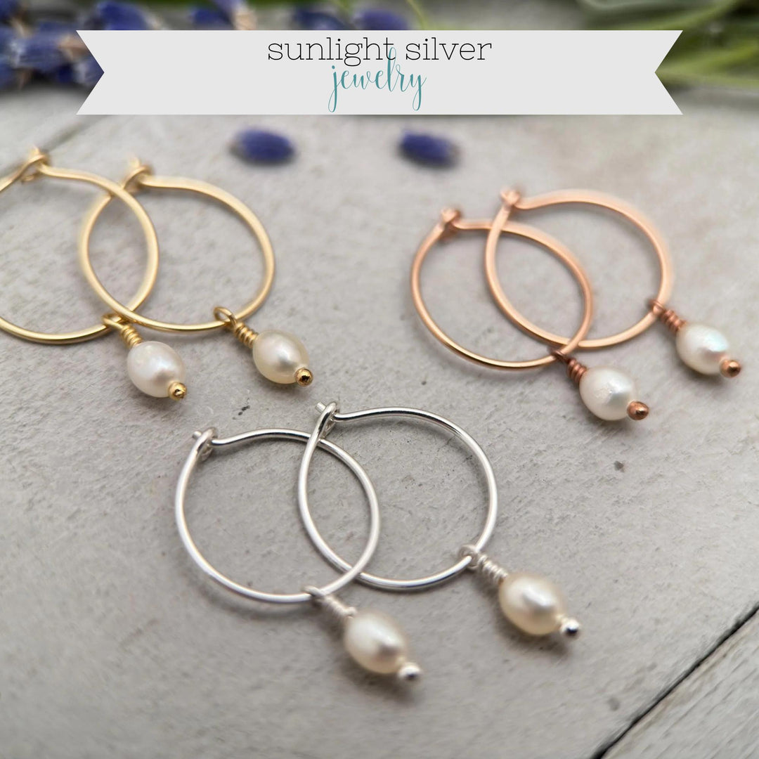 Pearl Charm Hoop Earrings | Sterling Silver, Yellow or Rose Gold-Fill | June Birthstone - SunlightSilver