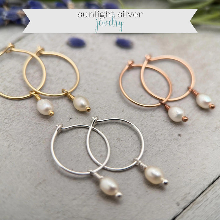 Pearl Charm Hoop Earrings | Sterling Silver, Yellow or Rose Gold-Fill | June Birthstone - SunlightSilver