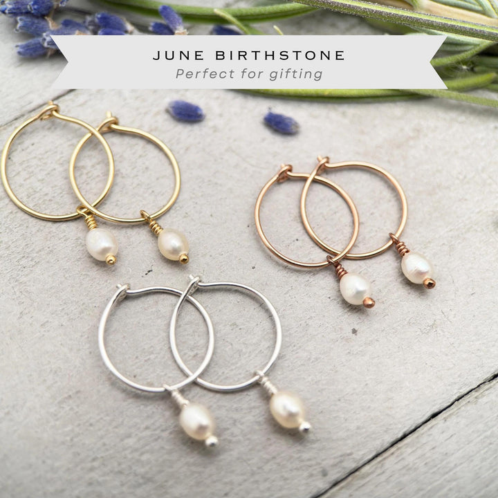 Pearl Charm Hoop Earrings | Sterling Silver, Yellow or Rose Gold-Fill | June Birthstone - SunlightSilver
