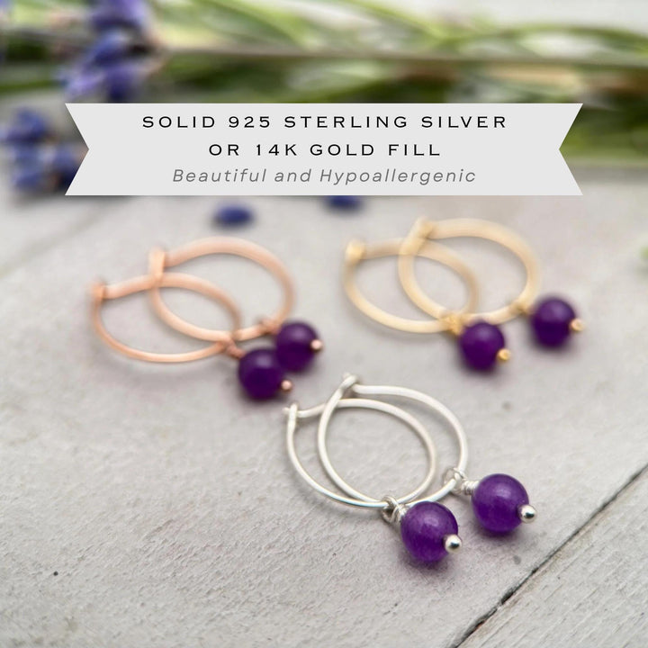 Purple Amethyst Earrings | Silver, Yellow or Rose Gold | Charm Hoops February Birthstone - SunlightSilver