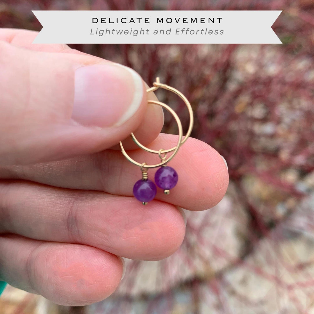 Purple Amethyst Earrings | Silver, Yellow or Rose Gold | Charm Hoops February Birthstone - SunlightSilver