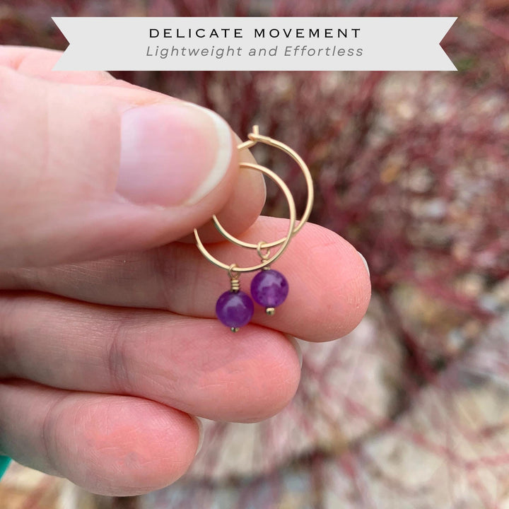 Purple Amethyst Earrings | Silver, Yellow or Rose Gold | Charm Hoops February Birthstone - SunlightSilver