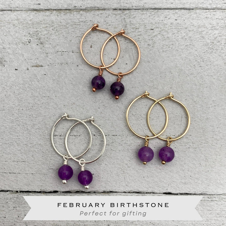 Purple Amethyst Earrings | Silver, Yellow or Rose Gold | Charm Hoops February Birthstone - SunlightSilver