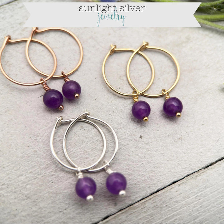 Purple Amethyst Earrings | Silver, Yellow or Rose Gold | Charm Hoops February Birthstone - SunlightSilver