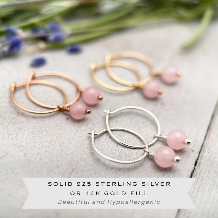Rose Quartz Earrings | Sterling Silver, Gold Charm Hoops | Pink January Birthstone Jewelry - SunlightSilver