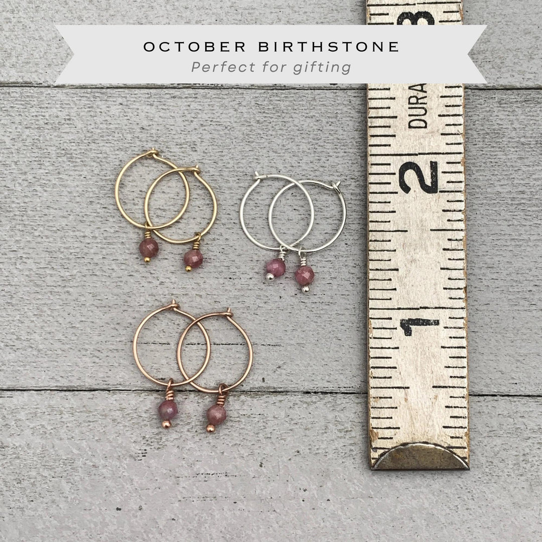 Pink Tourmaline Charm Earrings | Sterling Silver, Yellow/Rose Gold Fill Hoops | November Birthstone - SunlightSilver