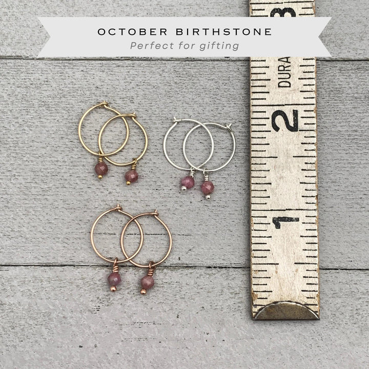 Pink Tourmaline Charm Earrings | Sterling Silver, Yellow/Rose Gold Fill Hoops | November Birthstone - SunlightSilver