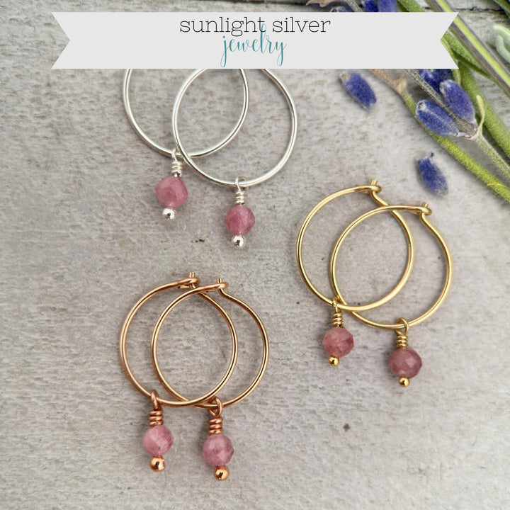 Pink Tourmaline Charm Earrings | Sterling Silver, Yellow/Rose Gold Fill Hoops | November Birthstone - SunlightSilver