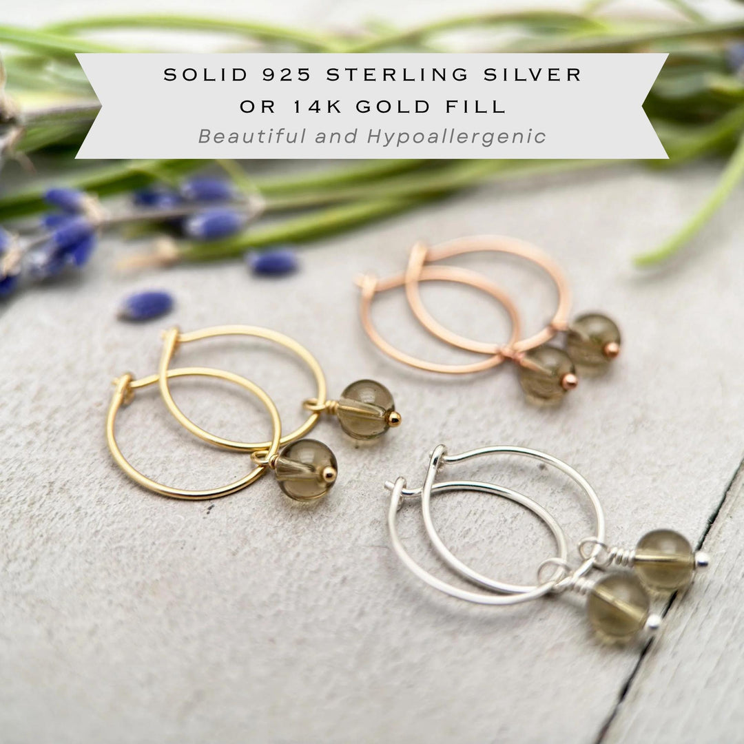 Smoky Quartz Charm Hoop Earrings | Sterling Silver, 14k Yellow or Rose Gold Fill - SunlightSilver