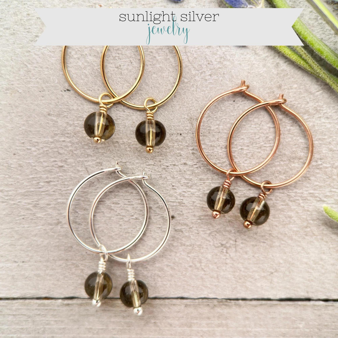 Smoky Quartz Charm Hoop Earrings | Sterling Silver, 14k Yellow or Rose Gold Fill - SunlightSilver