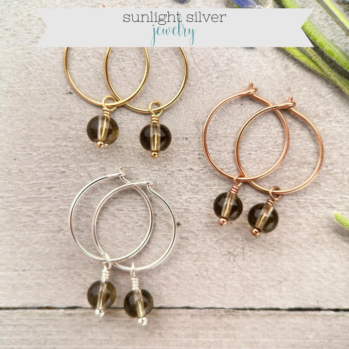 Smoky Quartz Charm Hoop Earrings | Sterling Silver, 14k Yellow or Rose Gold Fill - SunlightSilver