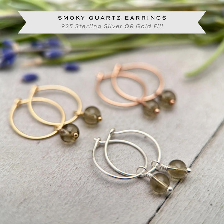 Smoky Quartz Charm Hoop Earrings | Sterling Silver, 14k Yellow or Rose Gold Fill - SunlightSilver