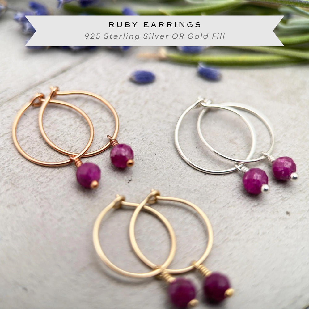 Ruby Hoop Earrings | Sterling Silver, Yellow or Rose Gold | July Birthstone Gift - SunlightSilver