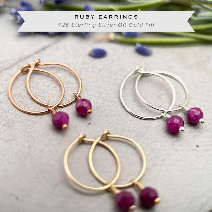 Ruby Hoop Earrings | Sterling Silver, Yellow or Rose Gold | July Birthstone Gift - SunlightSilver